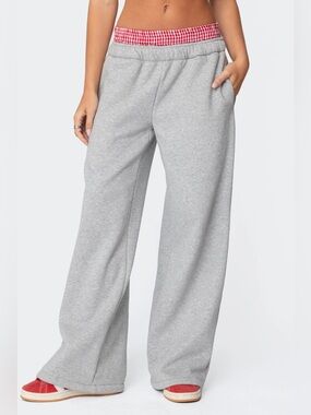 Edikted Grey Sweatpants with Red Gingham Lining